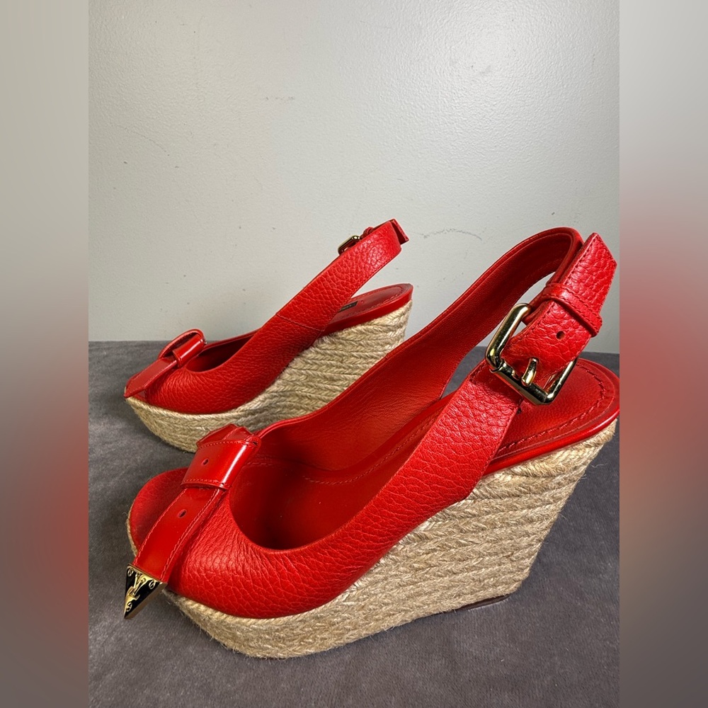 Louis Vuitton red leather wedge heel slingback espadrille sandals open-toe 35 - Picture 9 of 16